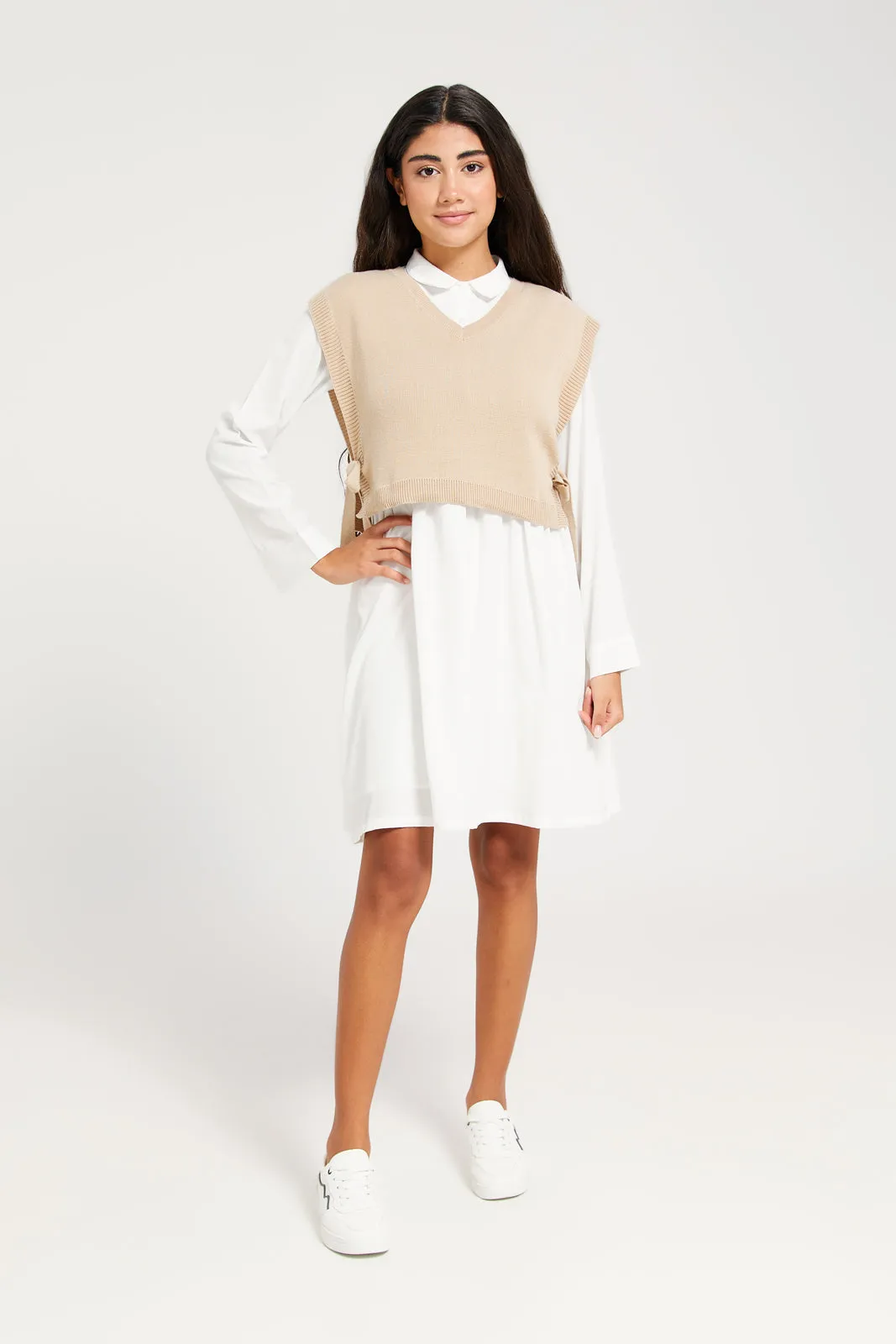 Senior Girls White And Beige Shirt Dress