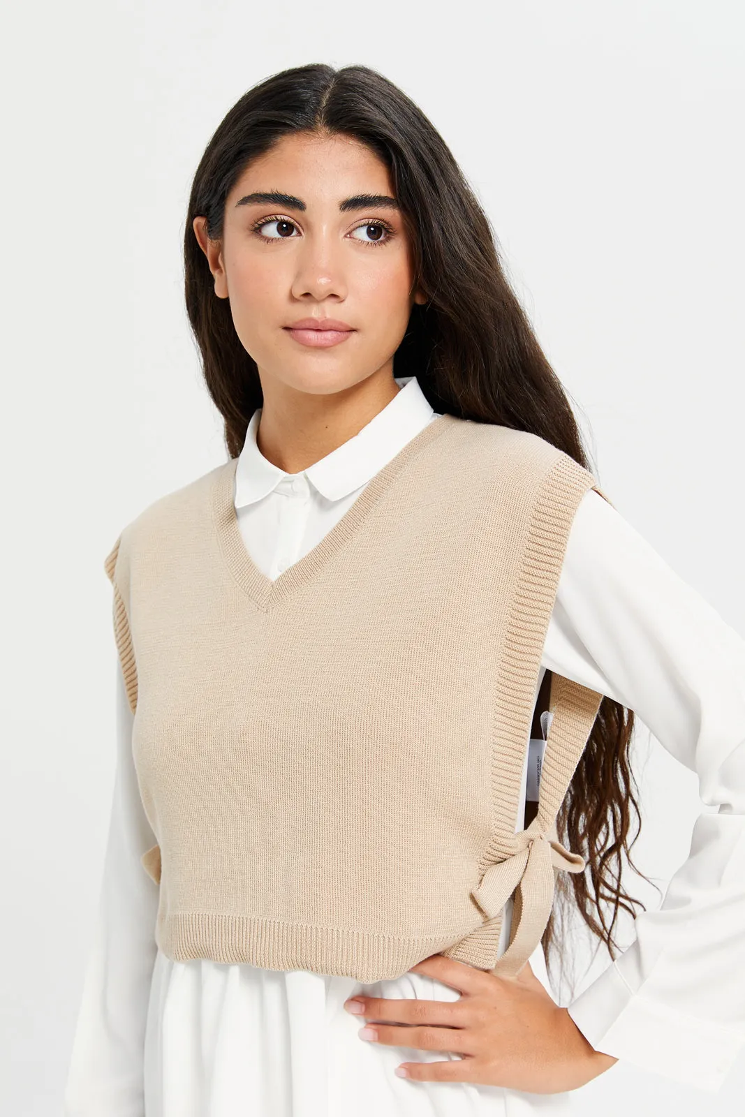 Senior Girls White And Beige Shirt Dress