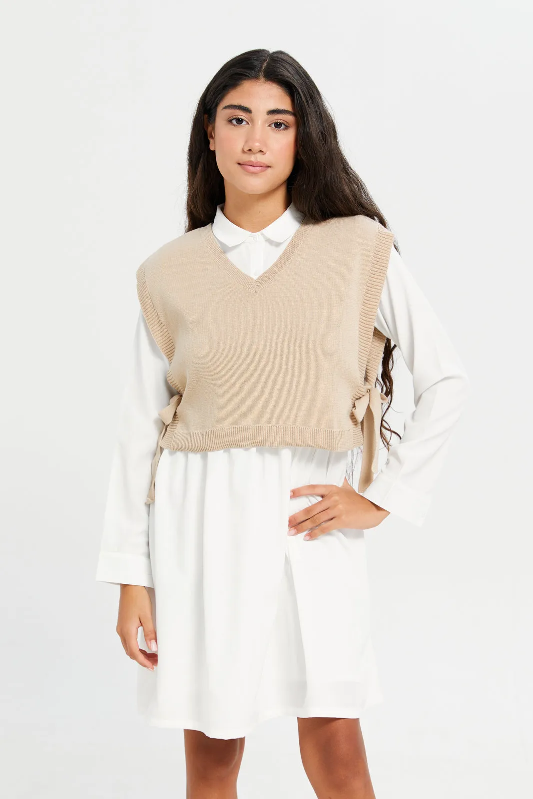 Senior Girls White And Beige Shirt Dress