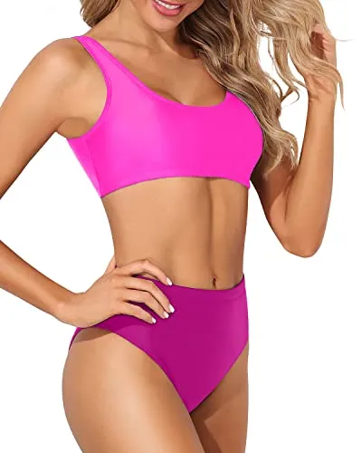Sexy High Waisted Two Piece Scoop Neck Bikini For Long Torso-Phosphor And Dark Pink