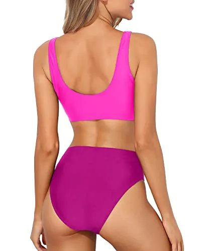 Sexy High Waisted Two Piece Scoop Neck Bikini For Long Torso-Phosphor And Dark Pink