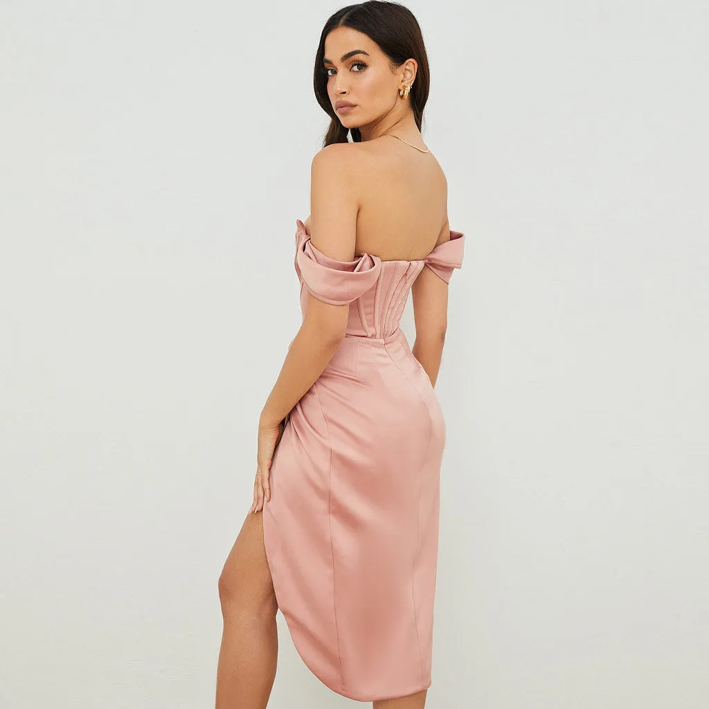 Silky Satin Off Shoulder High Slit Drape Corset Midi Dress - Pink