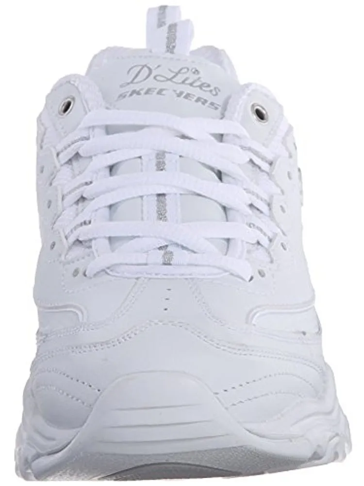 Skechers D'Lites FRES.5 START Memory Foam Lace-up Sneaker White Silver (9, White Silver)