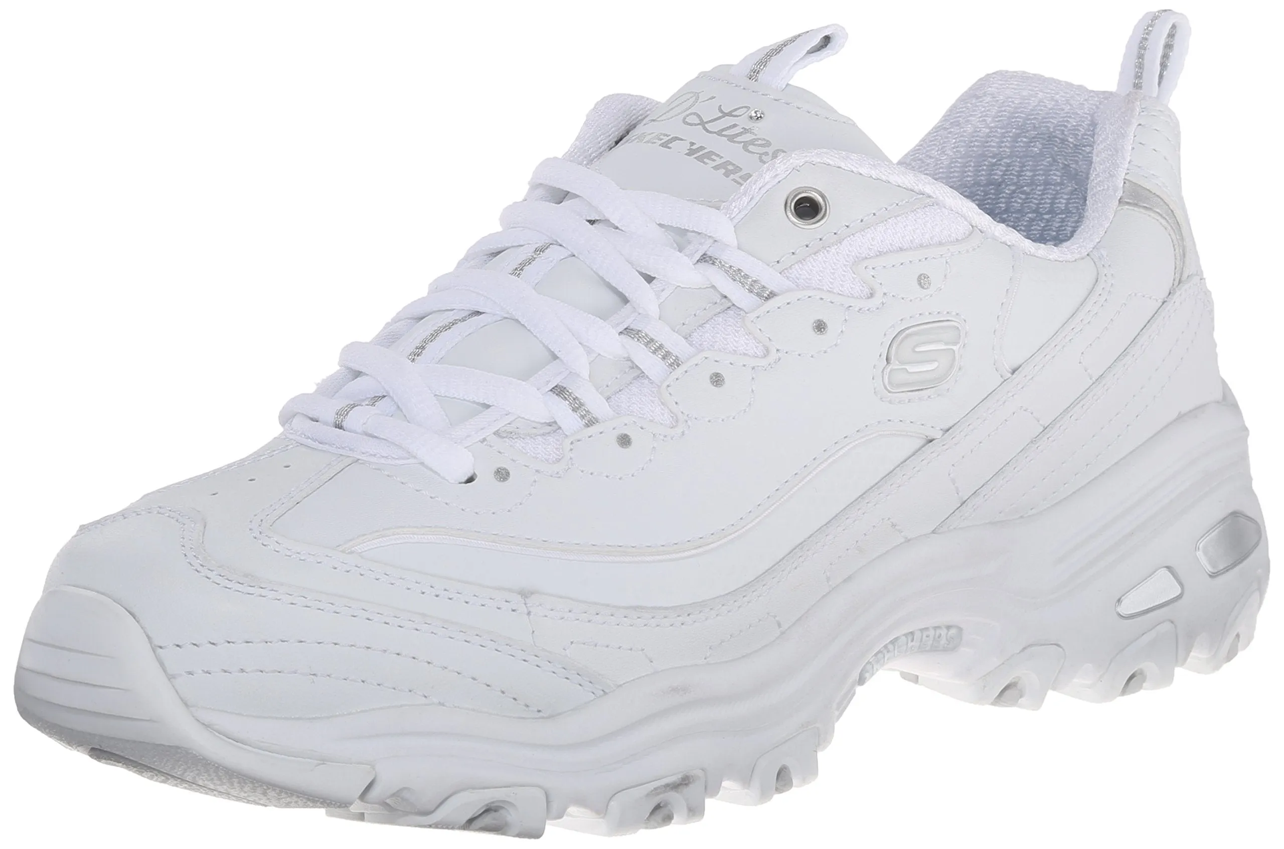 Skechers D'Lites FRES.5 START Memory Foam Lace-up Sneaker White Silver (9, White Silver)