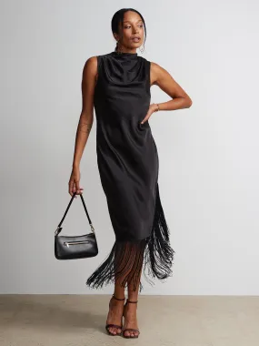 Sleeveless Cowl Neck Fringe Hem Dress