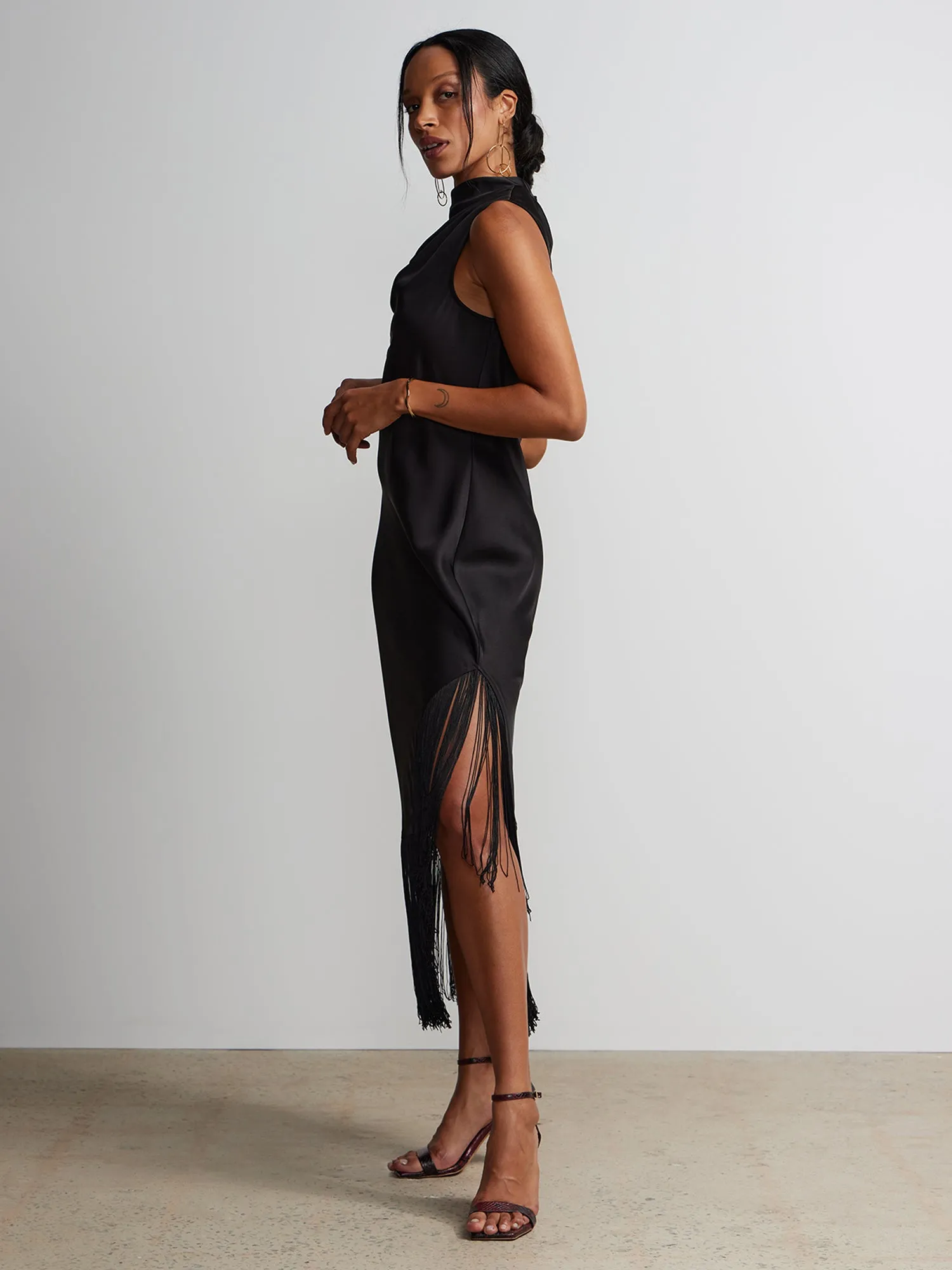 Sleeveless Cowl Neck Fringe Hem Dress