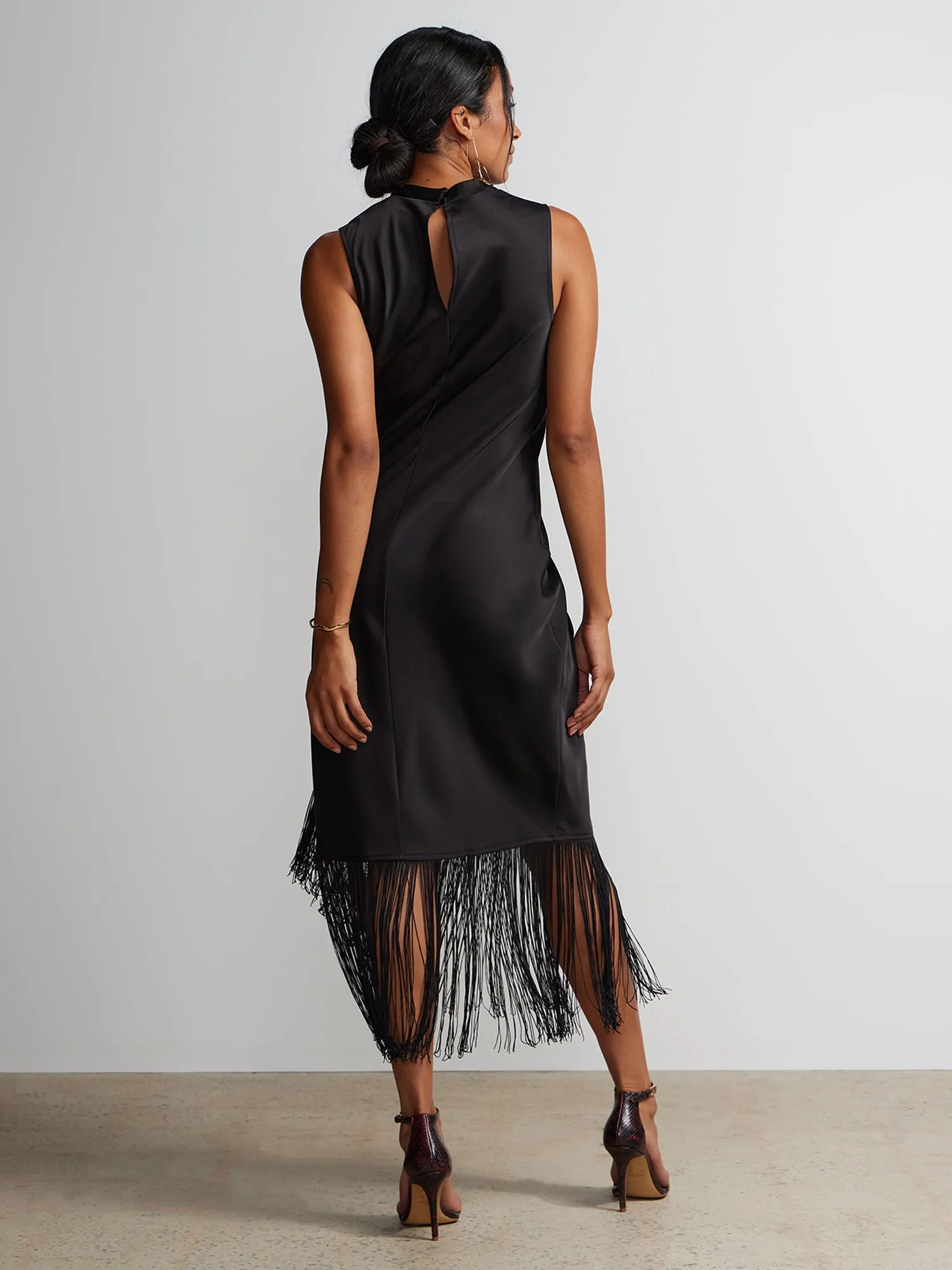 Sleeveless Cowl Neck Fringe Hem Dress