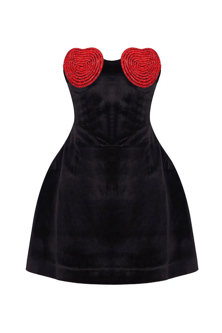 Sparkly Crystal Heart Shaped Bandeau High Waist Velvet Party Mini Dress