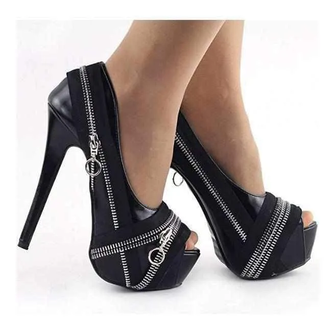 Steampunk Black Zippered Peep Toe Dress Shoes