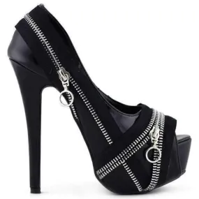 Steampunk Black Zippered Peep Toe Dress Shoes