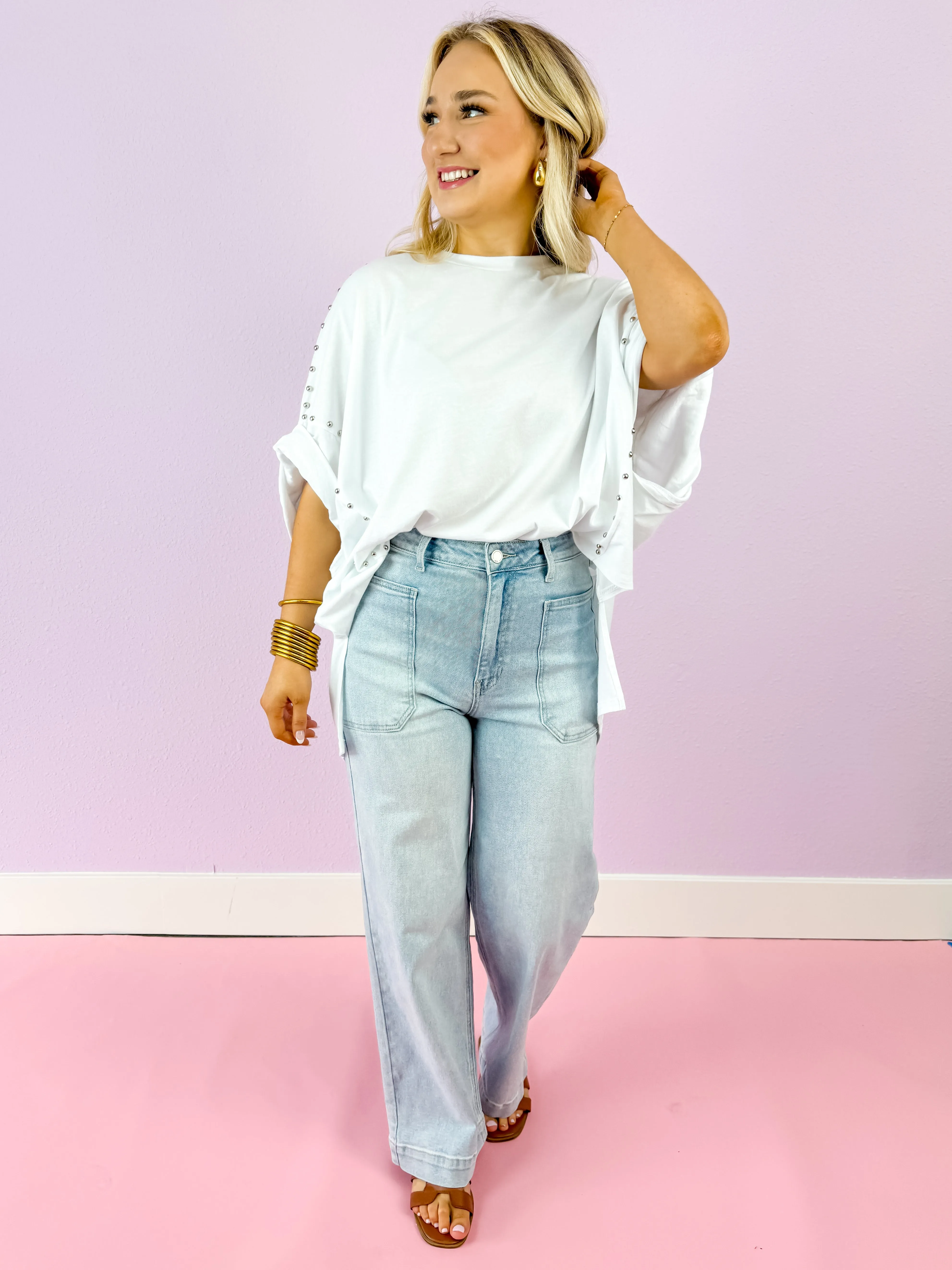Studded Oversized High-Low Top in White