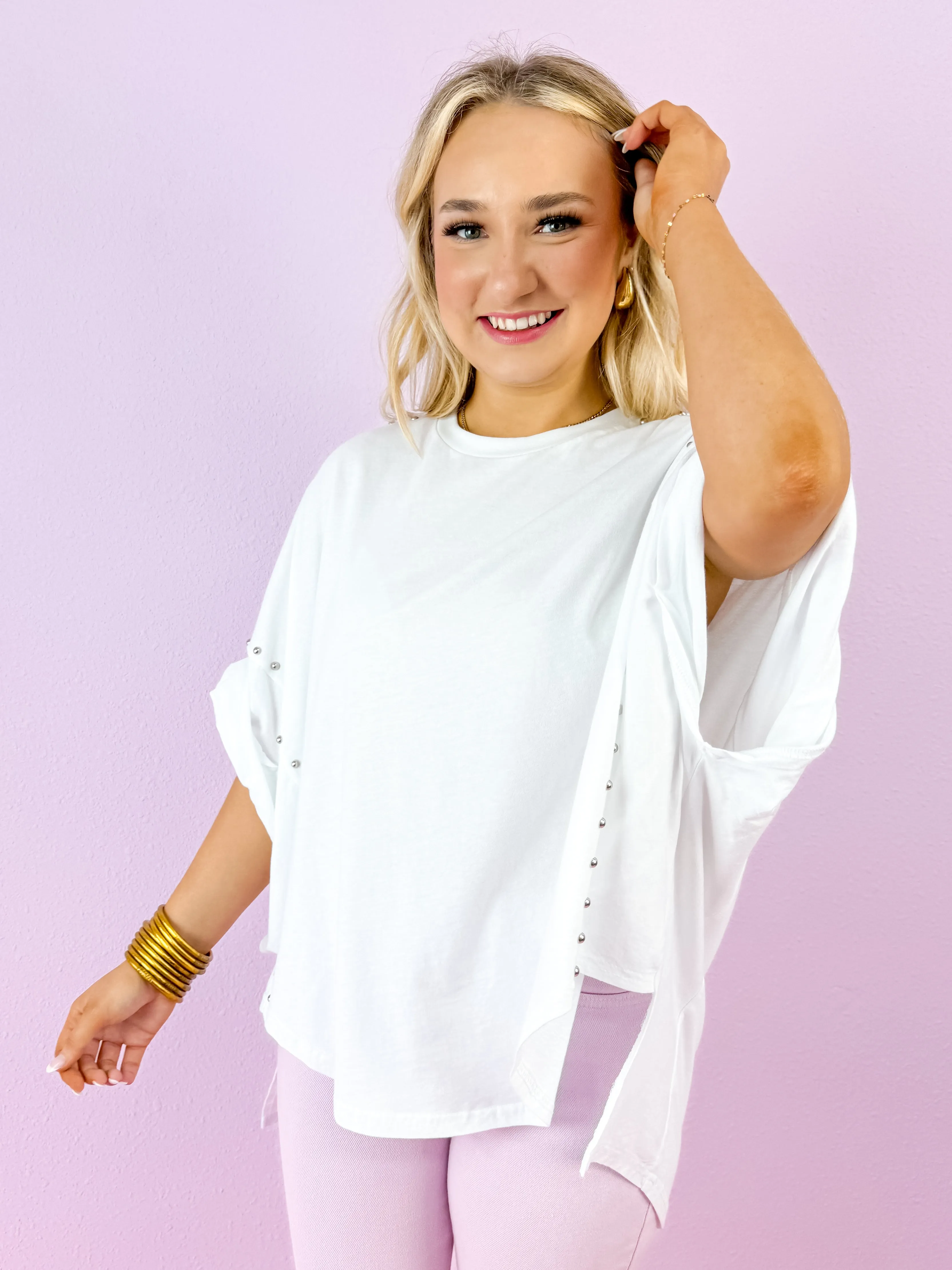 Studded Oversized High-Low Top in White