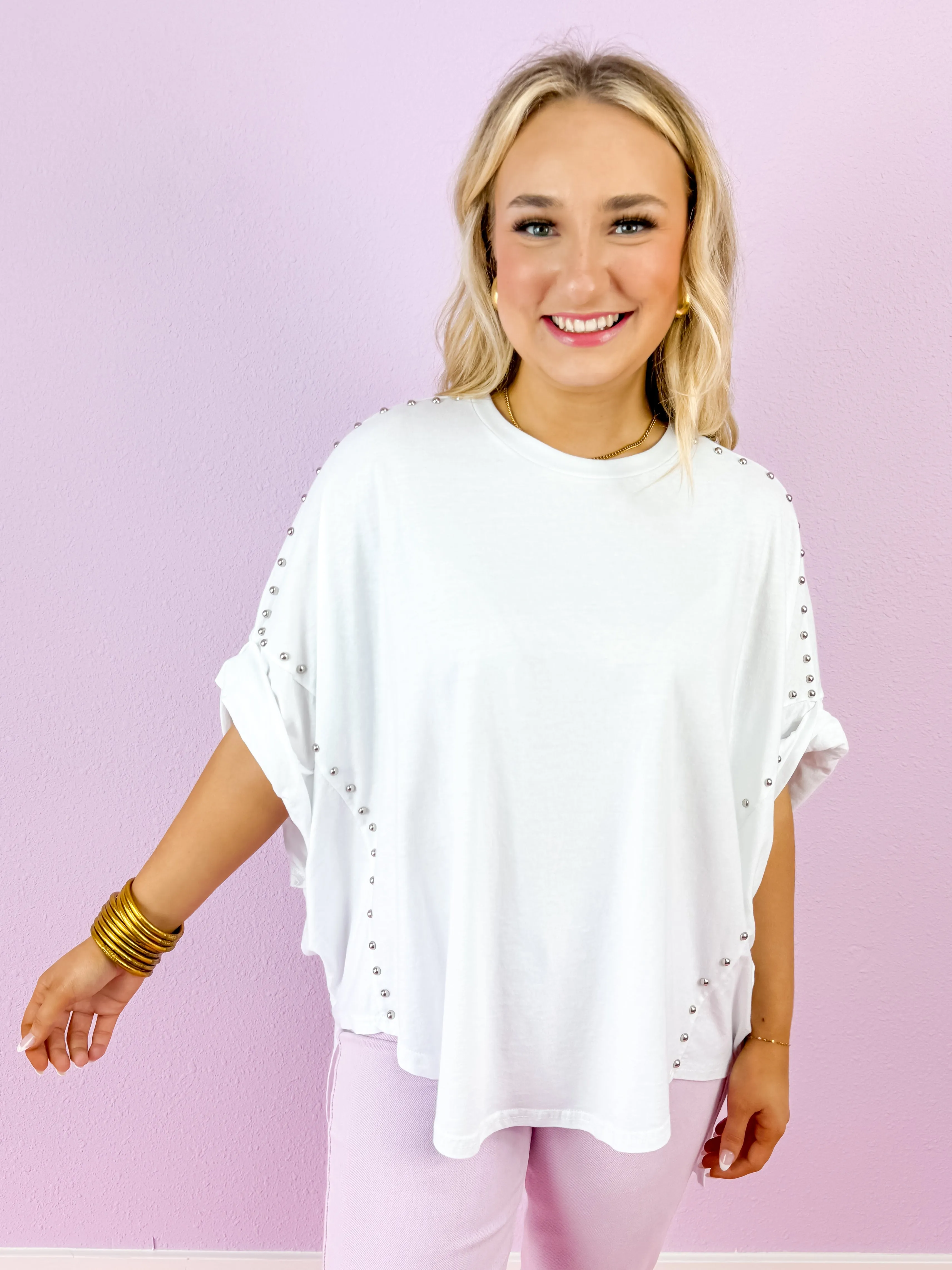 Studded Oversized High-Low Top in White