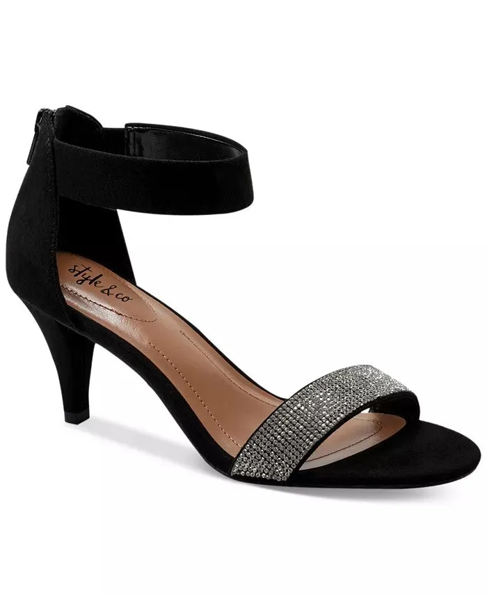 Style & Co. Phillyis Black/Silver Open Toe Casual Ankle Strap Heeled Sandals