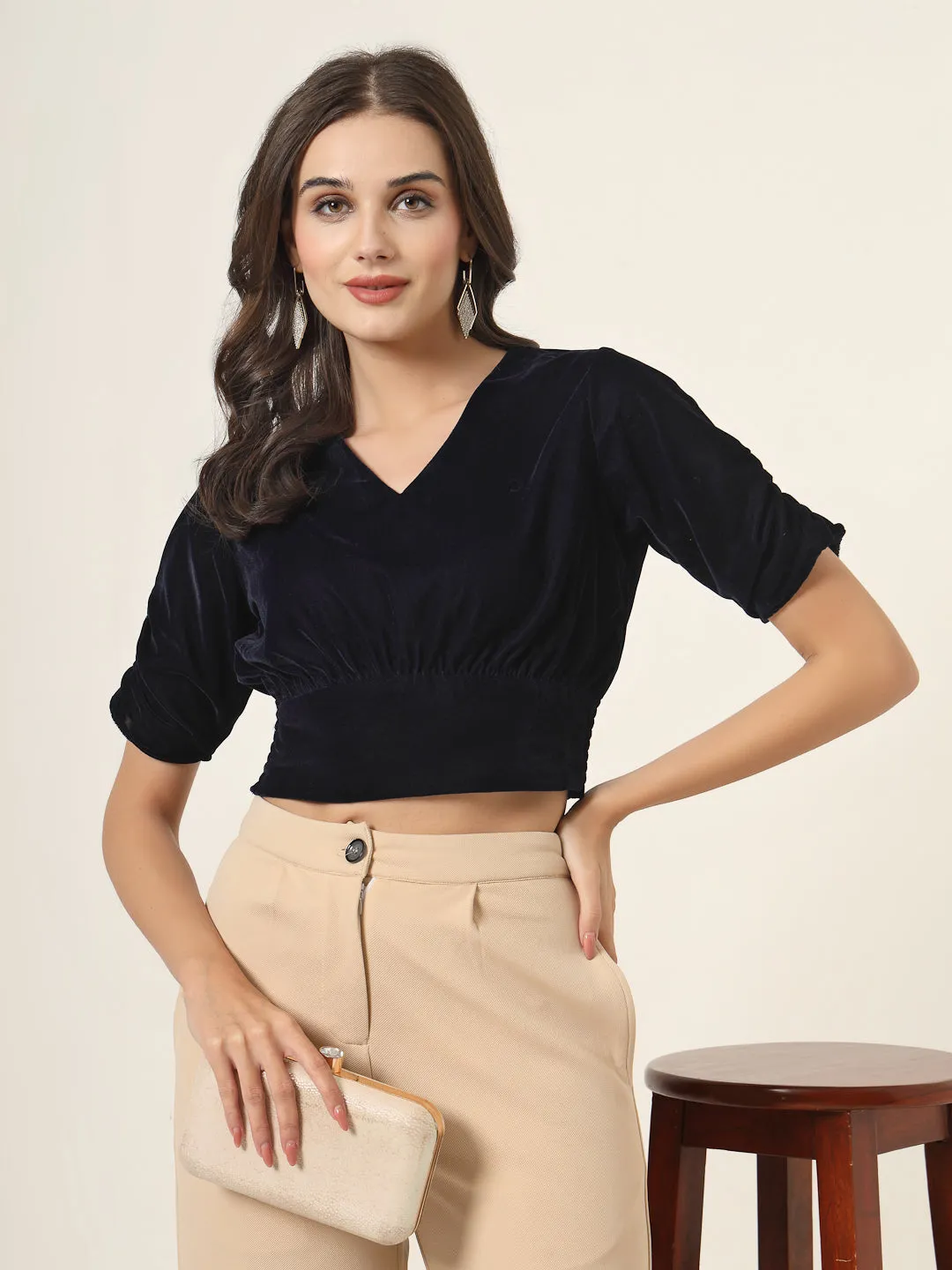 Style Quotient Women Navy Velvet Crop top