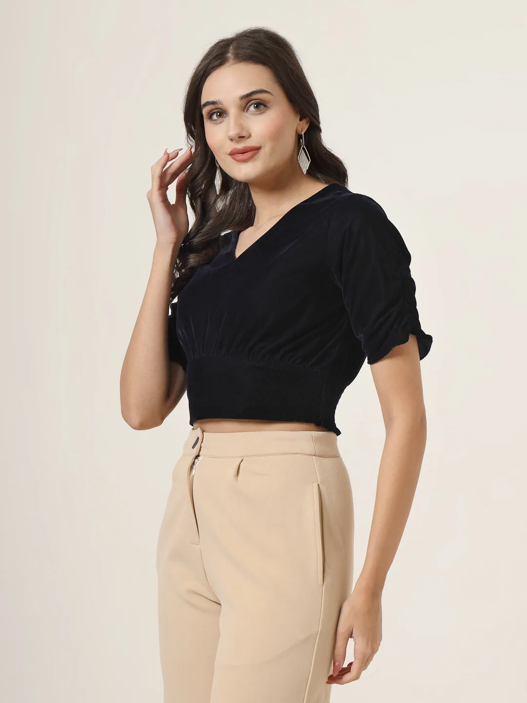Style Quotient Women Navy Velvet Crop top