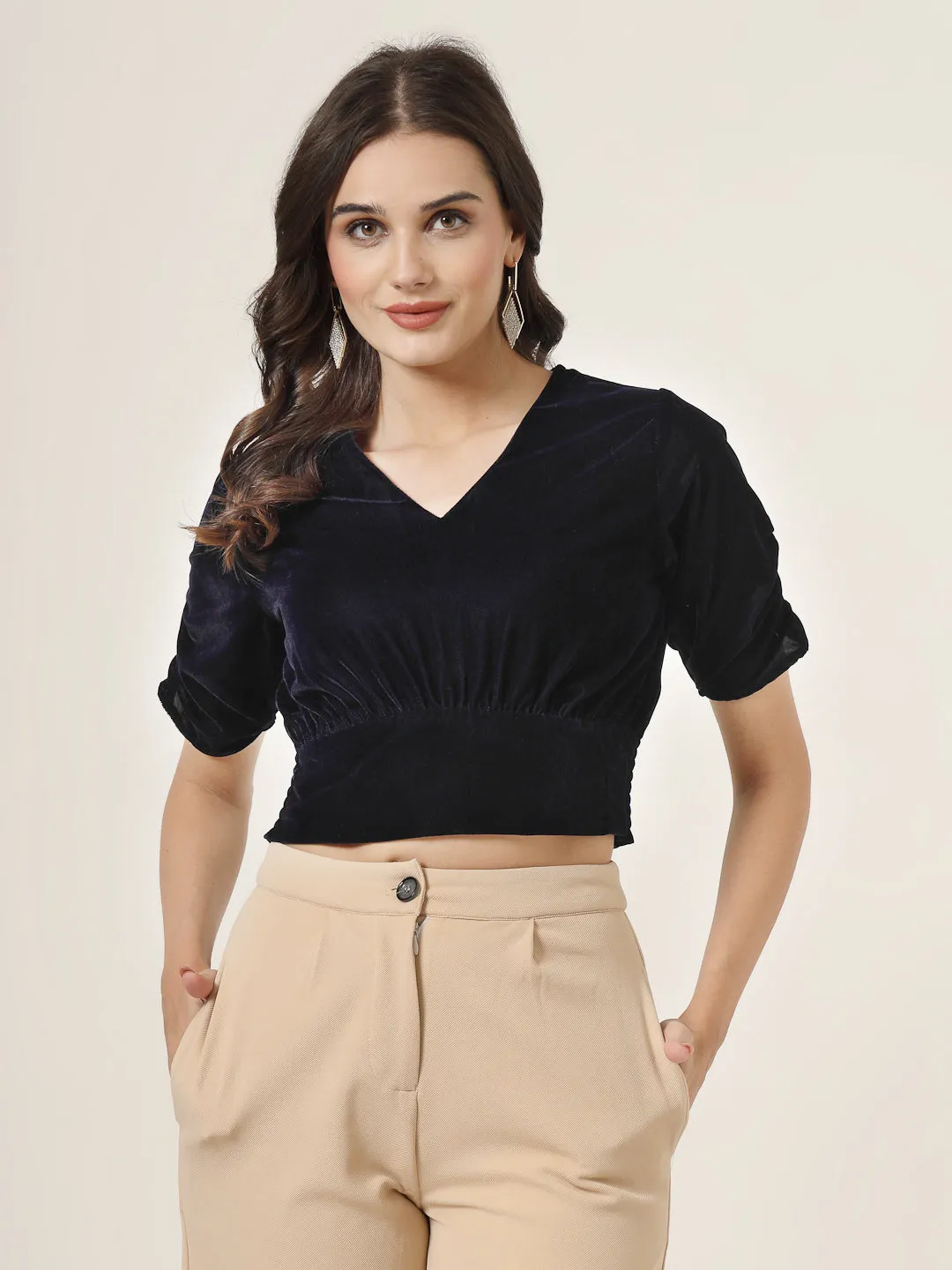Style Quotient Women Navy Velvet Crop top