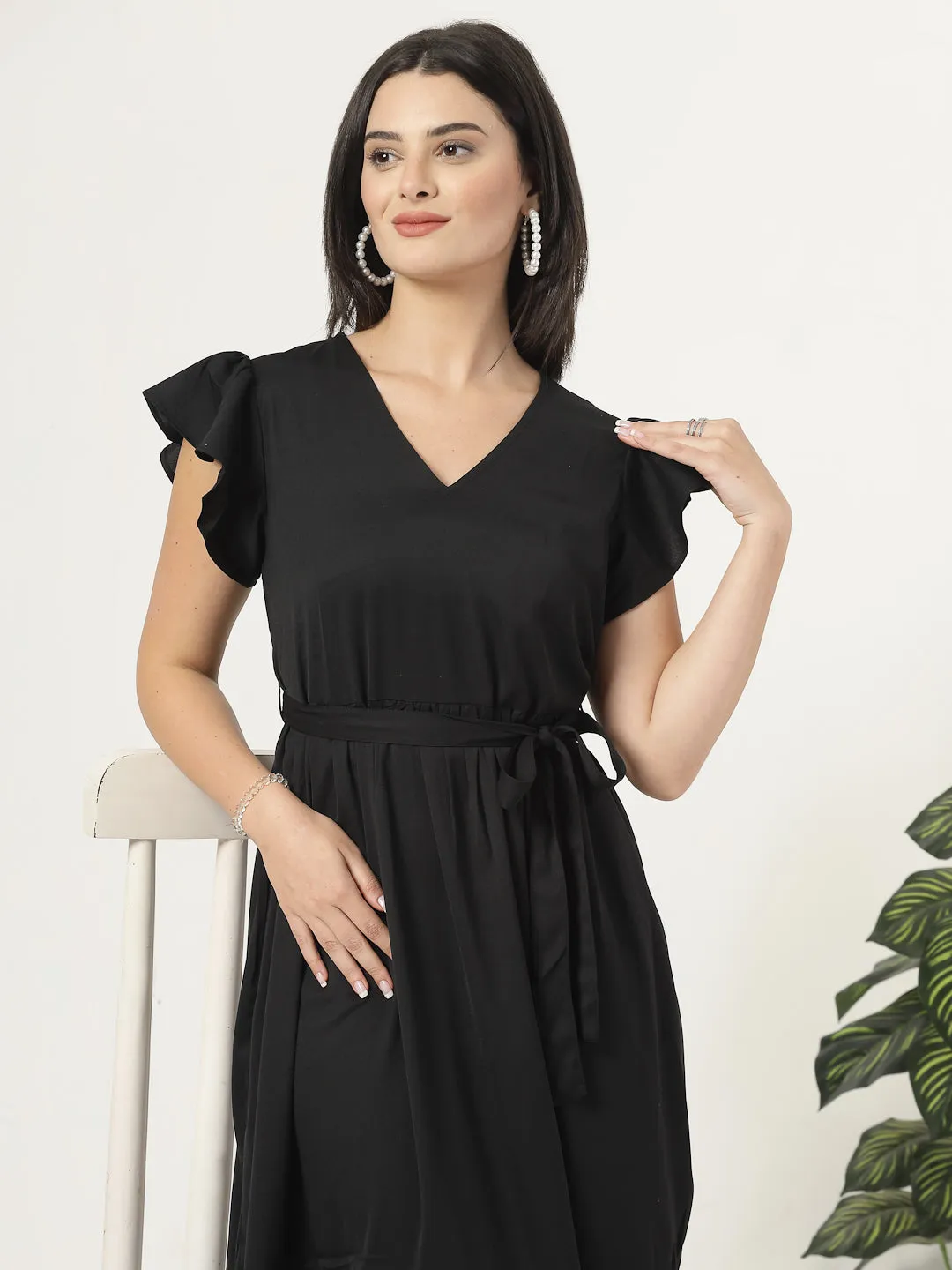 Style Quotient Womens Full length dress with frill style sleeves and waist belt