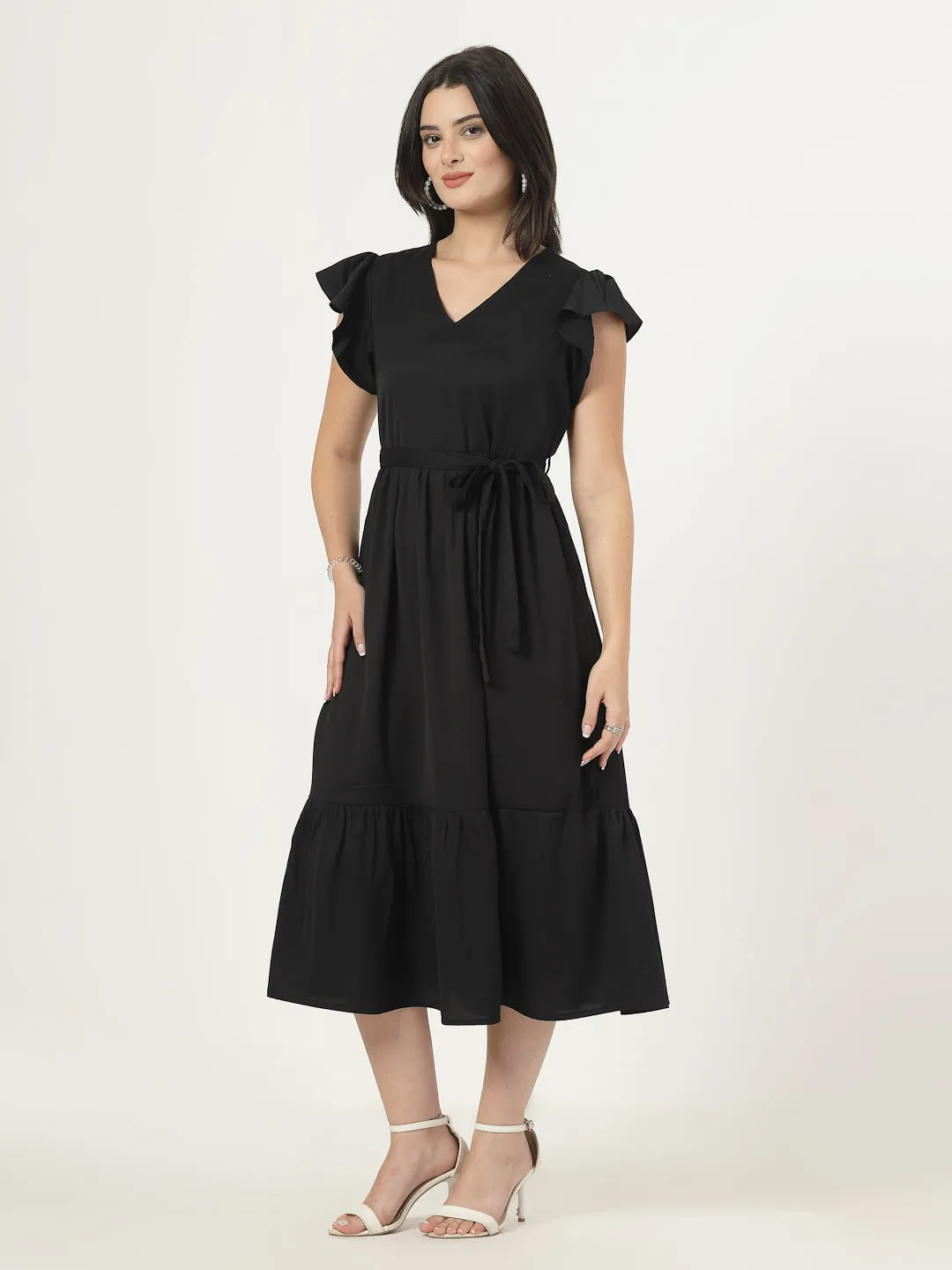 Style Quotient Womens Full length dress with frill style sleeves and waist belt