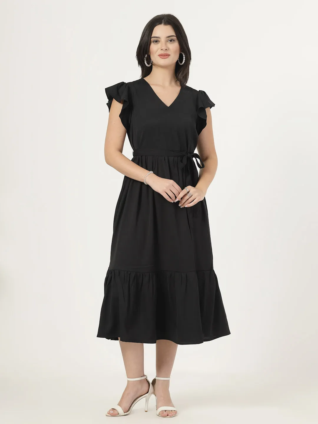 Style Quotient Womens Full length dress with frill style sleeves and waist belt