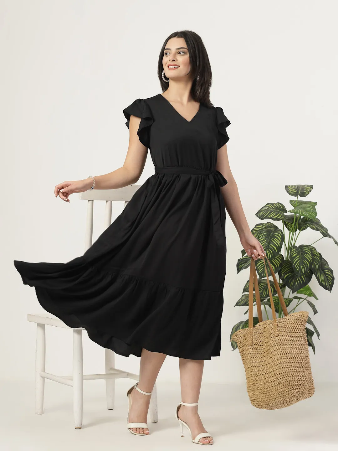 Style Quotient Womens Full length dress with frill style sleeves and waist belt