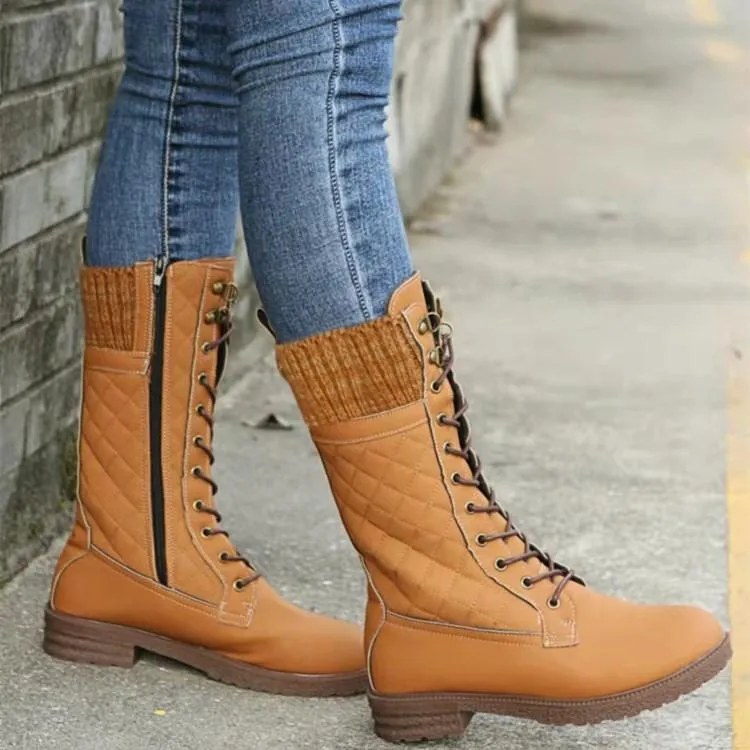 Sweater cuff low heel lace-up mid calf biker boots