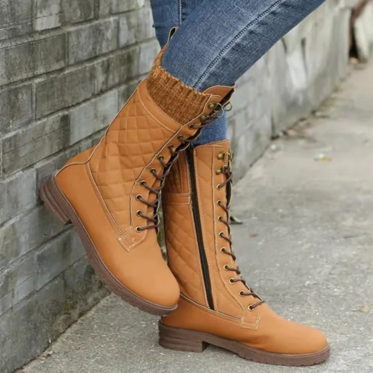 Sweater cuff low heel lace-up mid calf biker boots