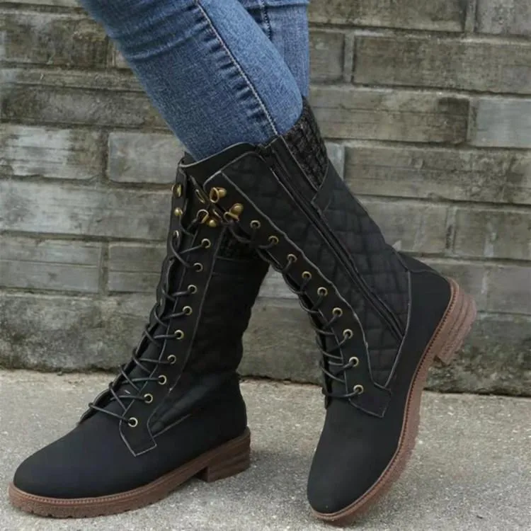 Sweater cuff low heel lace-up mid calf biker boots