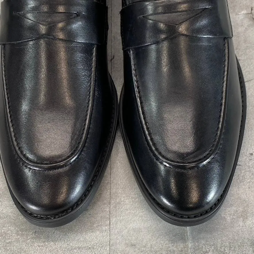 THOMAS & VINE Black Leather Bishop Apron Toe Split Penny Loafer SZ 8.5