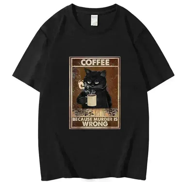 Trendy Short Sleeve  Cat Poster Printed  Unisex Casual T-shirt