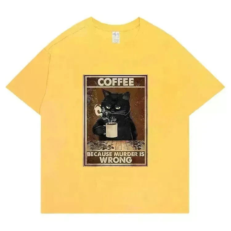 Trendy Short Sleeve  Cat Poster Printed  Unisex Casual T-shirt