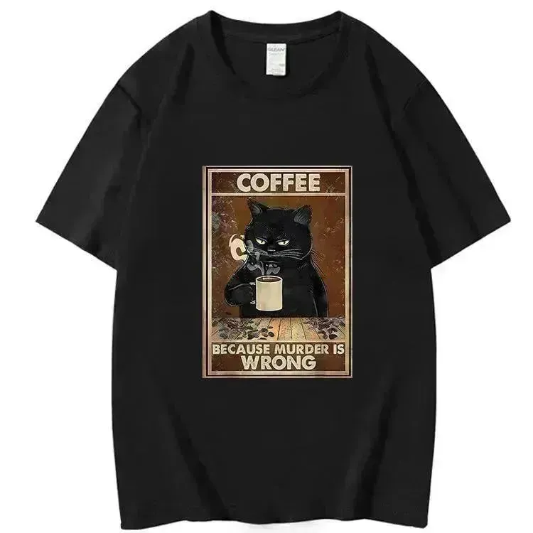Trendy Short Sleeve  Cat Poster Printed  Unisex Casual T-shirt