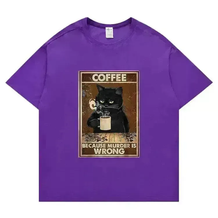 Trendy Short Sleeve  Cat Poster Printed  Unisex Casual T-shirt