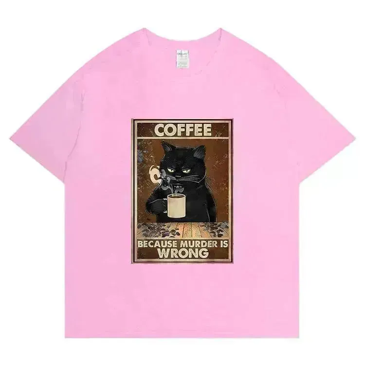 Trendy Short Sleeve  Cat Poster Printed  Unisex Casual T-shirt