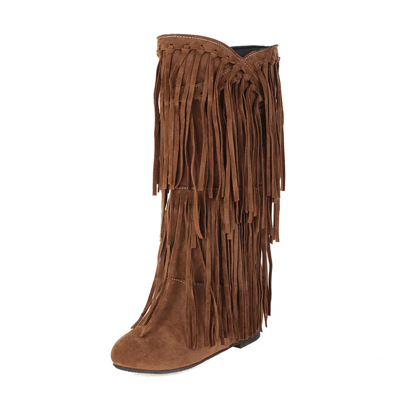 Vintage faux suede mid calf fringe boots tan brown western boots