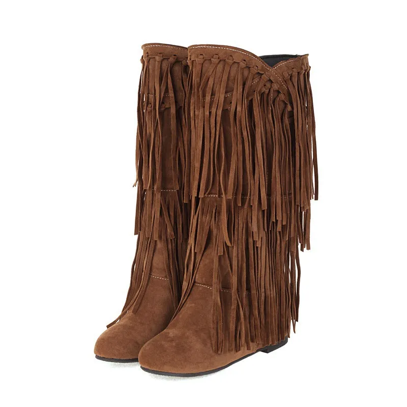 Vintage faux suede mid calf fringe boots tan brown western boots