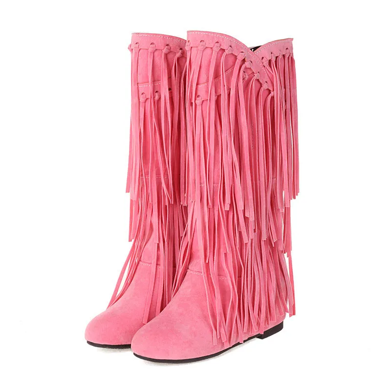 Vintage faux suede mid calf fringe boots tan brown western boots