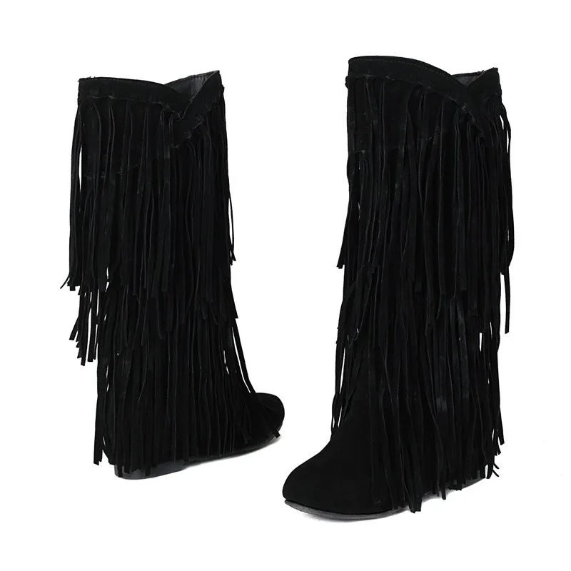 Vintage faux suede mid calf fringe boots tan brown western boots