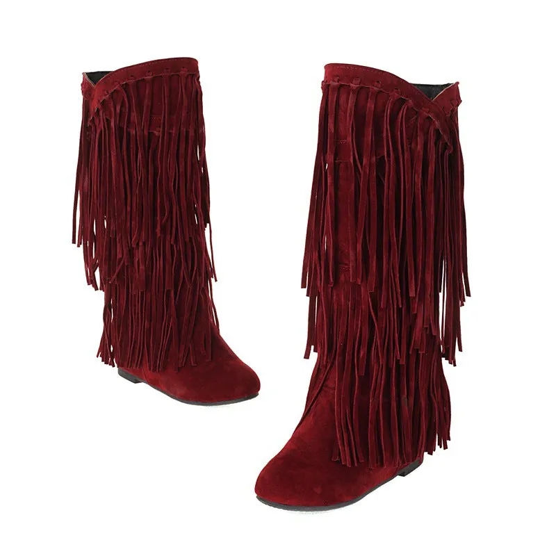 Vintage faux suede mid calf fringe boots tan brown western boots