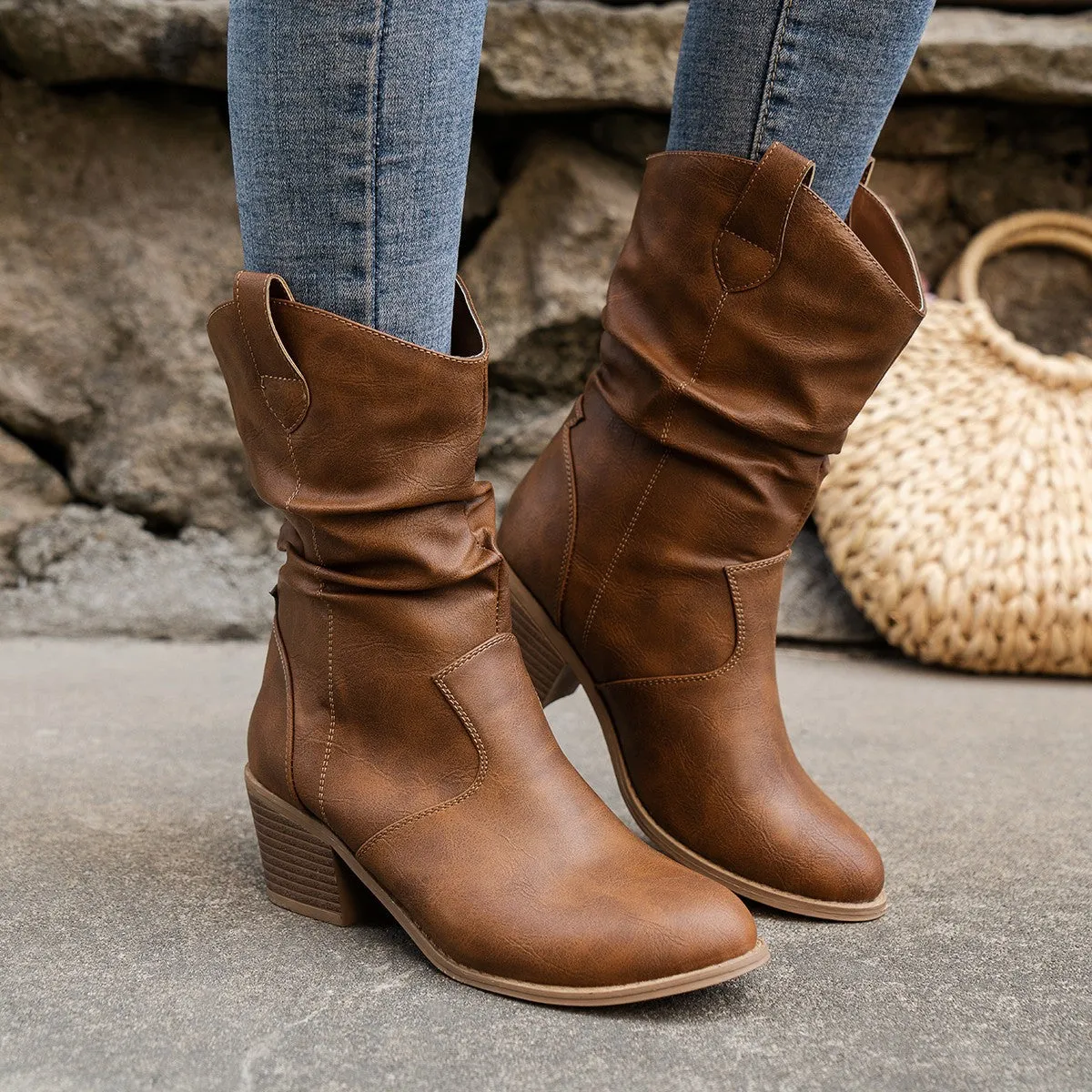 Vintage pull on slouchy mid calf biker boots
