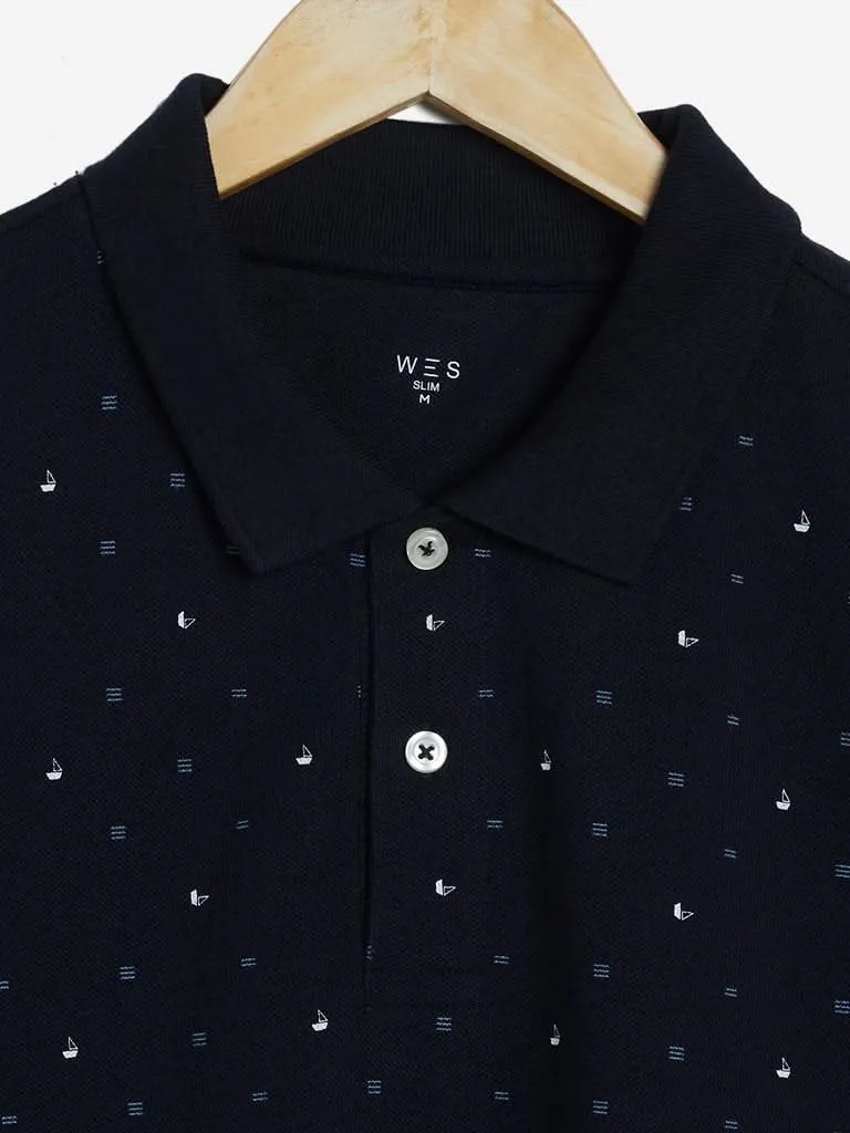 WES Casuals Navy Printed Slim Fit Polo T-Shirt
