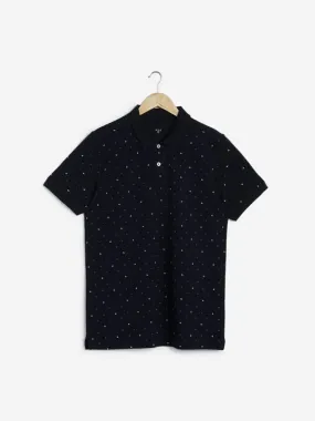 WES Casuals Navy Printed Slim Fit Polo T-Shirt