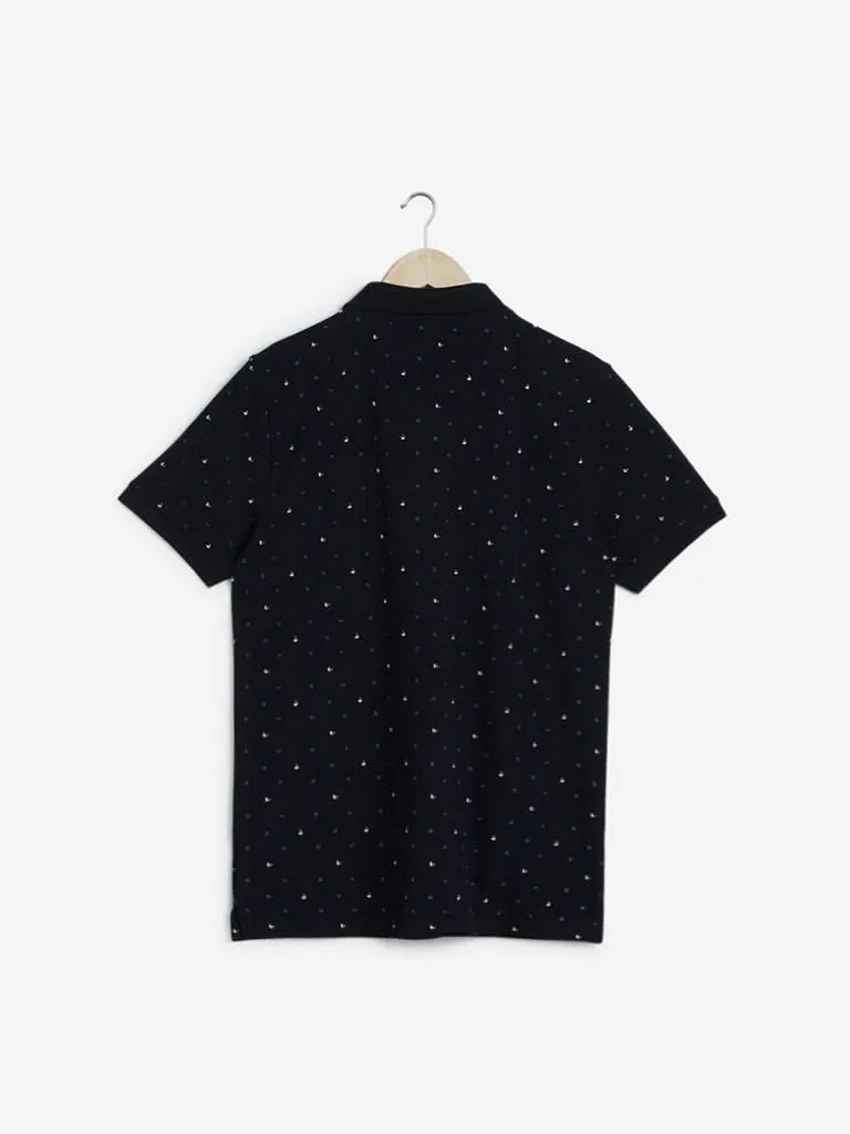 WES Casuals Navy Printed Slim Fit Polo T-Shirt