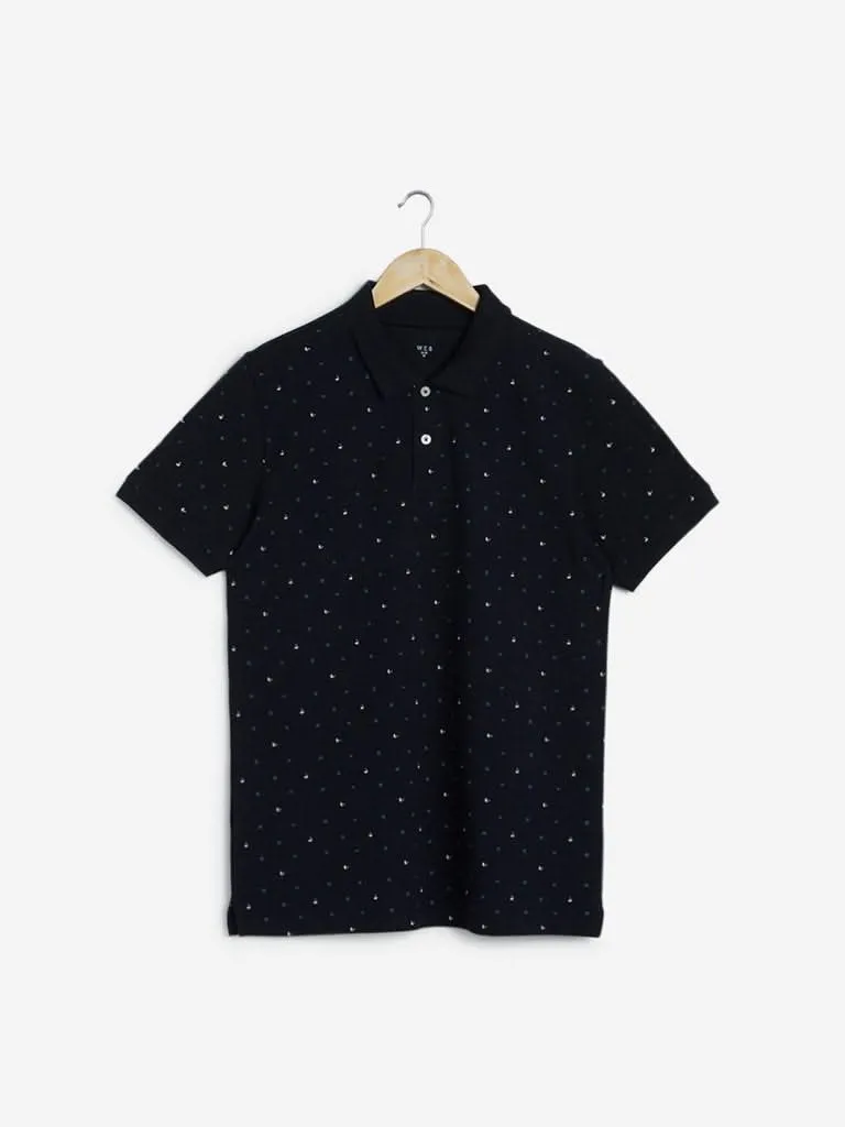 WES Casuals Navy Printed Slim Fit Polo T-Shirt