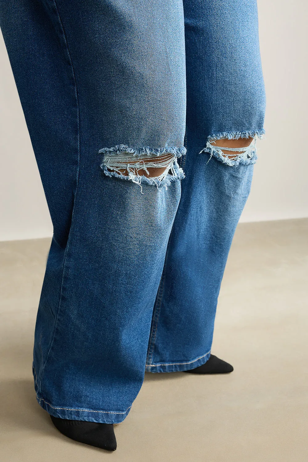 Wide Fit Distressed Blue Stone Jeans