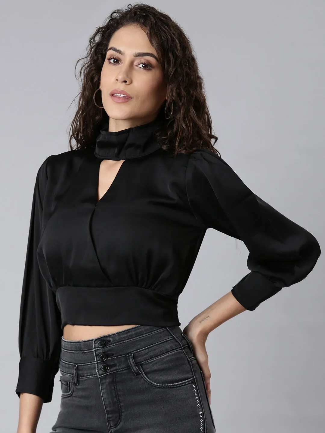 Women Black Solid BlousonCrop Top