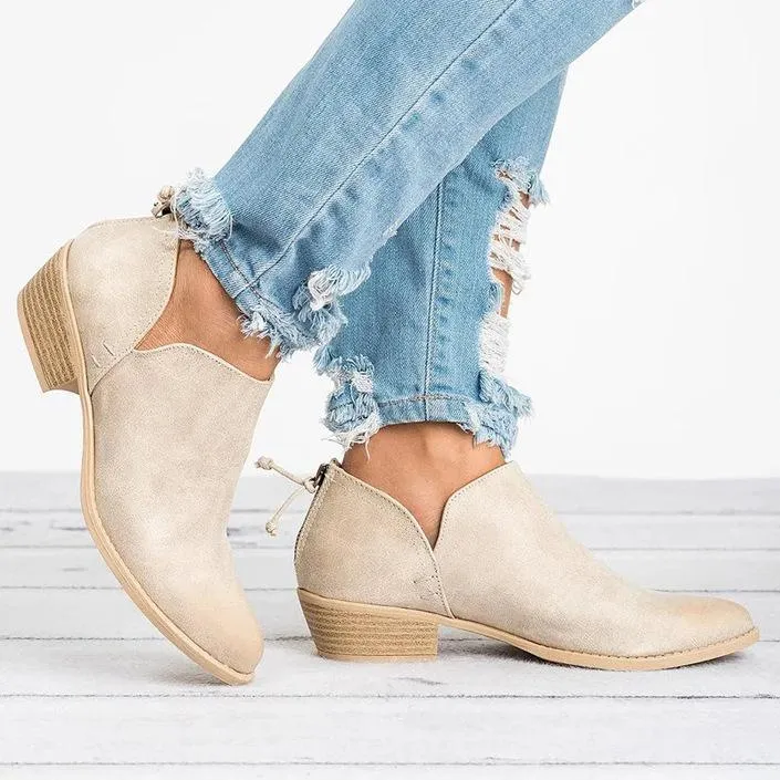 Women Cut Out Ankle Slip-On Booties Low Heel Cute Short Boots