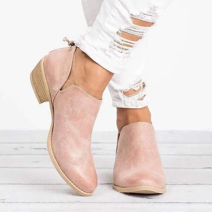 Women Cut Out Ankle Slip-On Booties Low Heel Cute Short Boots