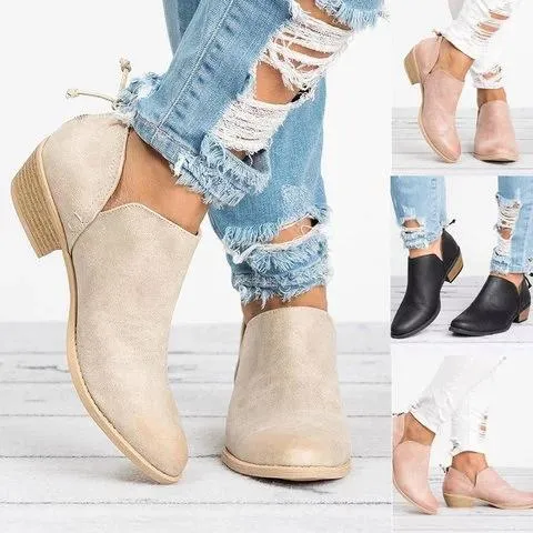 Women Cut Out Ankle Slip-On Booties Low Heel Cute Short Boots