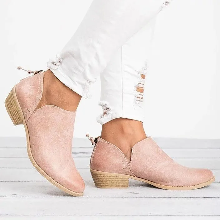 Women Cut Out Ankle Slip-On Booties Low Heel Cute Short Boots